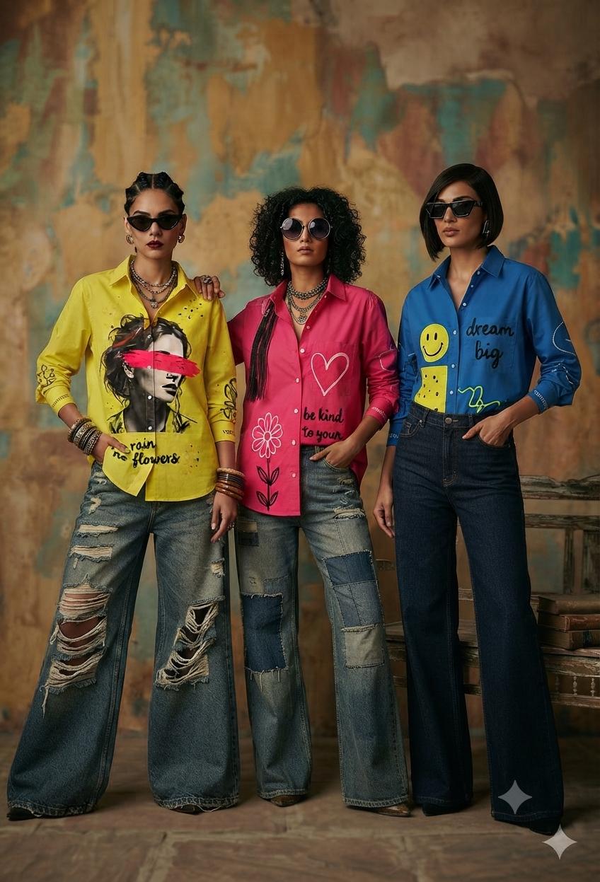 Three models in hand-painted Youniverse shirts and patchwork wide-leg jeans