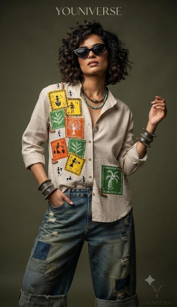 Hand-painted Warli print shirt detail