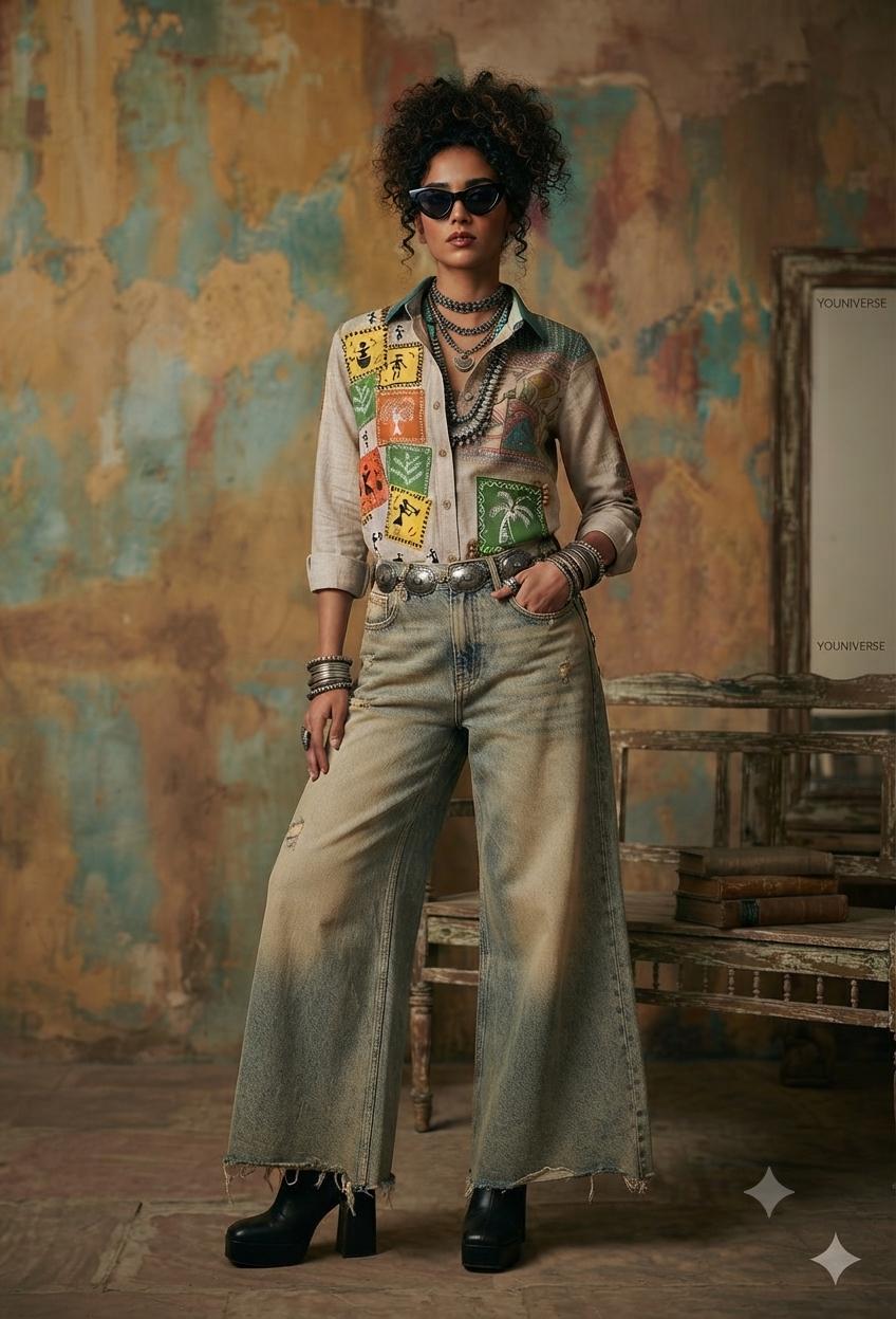 Patchwork wide-leg denim detail